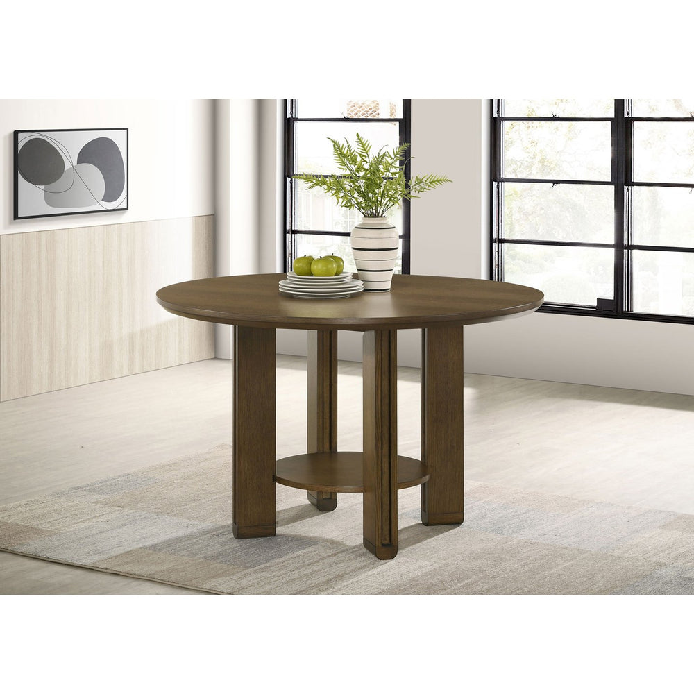 English Elm Crispin Round Oak Veneer Dining Table with Open Shelf for Compact Spaces B062P447967