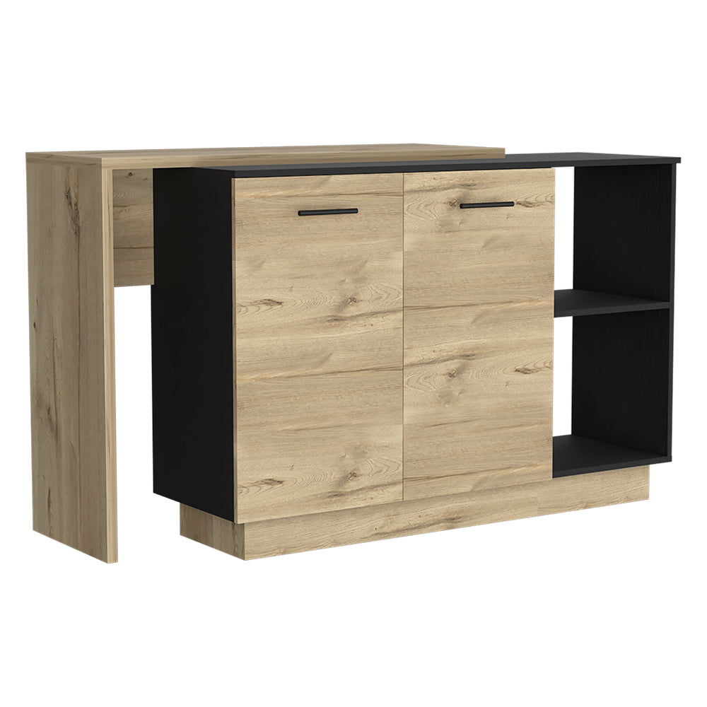 English Elm Kitchen Island With Double Door Cabinets, Stylish Black & Light Oak, Perfect For Dining & Storage B097S00155