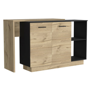 English Elm Kitchen Island With Double Door Cabinets, Stylish Black & Light Oak, Perfect For Dining & Storage B097S00155