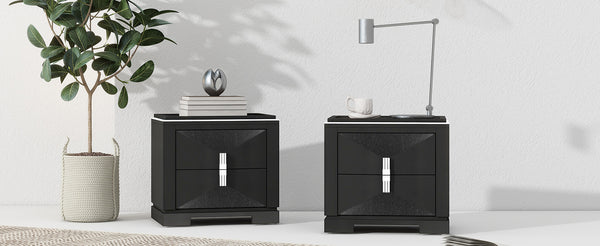 English Elm Mid-century Modern Nightstand with Diamond Geometric Drawers and Heavy Duty Wood Base Black N761P324094B