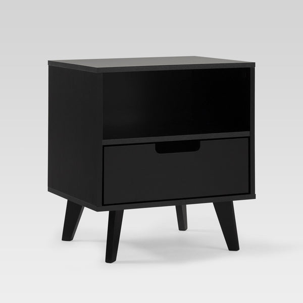 Hans Sleek Mid-Century Modern Nightstand with 1 Drawer and Open Cubby for Stylish Storage Solutions
