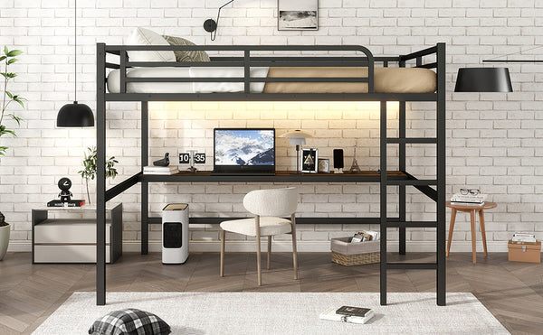 English Elm Metal Queen Loft Bed With Integrated Desk, Power Outlet & Led Lights - Space-Saving Black Design W1580S00107