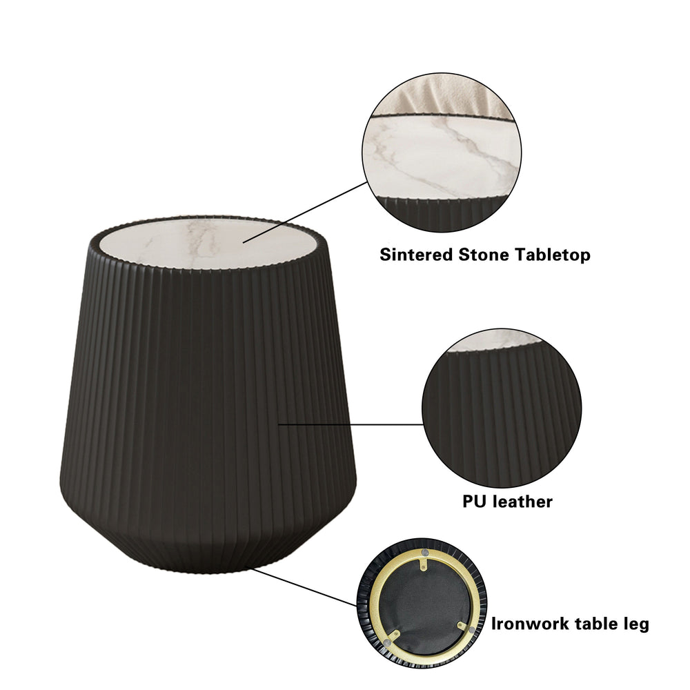 English Elm Light Sintered Stone Top Round Coffee Table with Leather Drum Base for Living Room W3081P367630