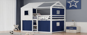 English Elm Full Size Kids Playhouse Bunk Bed Pinewood Frame with Tent Roof and Window Cutouts Blue LT000380AAC-1