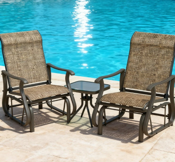 English Elm Gliding Patio Bistro Set Powder Coated Steel Mesh Chairs Tempered Glass Table T3971P420473