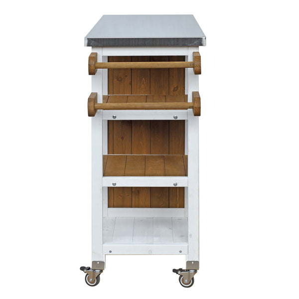 English Elm Foldable Outdoor Kitchen Cart with Stainless Worktop Fir Wood Frame and Lockable Wheels Brown+White N719P380281Z