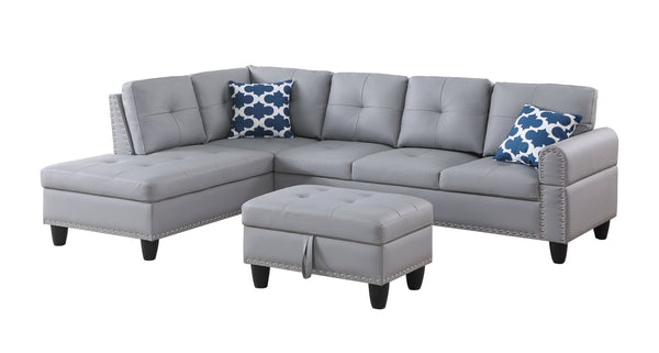 English Elm Black Faux Leather Sectional Sofa with Cup Holders Storage Ottoman and Nailhead Trim Gray B2730S00021