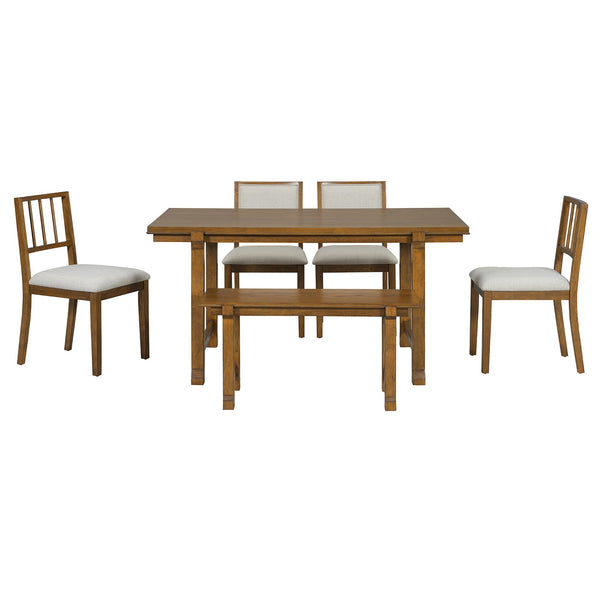 English Elm Trexm Farmhouse Dining Set Seats Six Oak Veneer Table Mixed Chairs Bench Included Beige,Walnut ST000156AAD