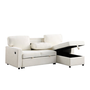 English Elm U_STYLE Chenille Upholstery Sleeper Sectional Sofa with Pull-Out Bed, Chaise Storage & Comfort Beige W1099S00146