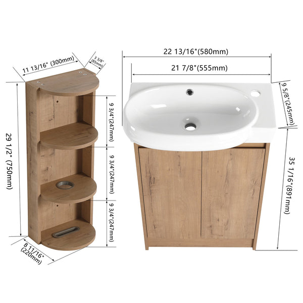 English Elm 23" Freestanding Ceramic Vessel Sink Vanity with Soft Close Cabinet and Wall Rack Imitative Oak W999S00491