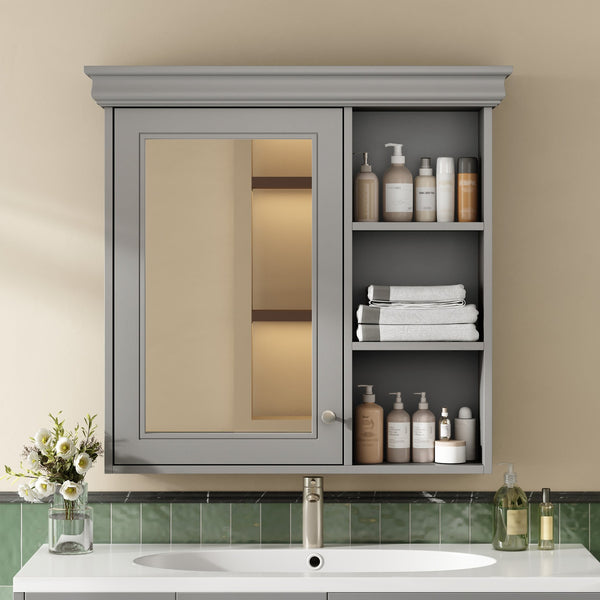 English Elm 30'' Wall Mount Bathroom Cabinet with Mirror Soft Close Door and Adjustable Shelf Gray N710P209425E