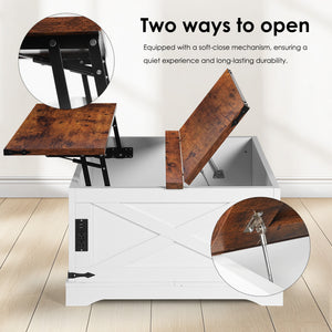 English Elm Coffee Lift-Top Table with USB & Outlets, Square Wood Center Table with Hidden Storage, Vintage White W2896P215179
