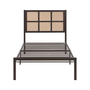 English Elm 1pc Twin Platform Bed with Dark Metal Frame and Faux Cane Panel Headboard, Coastal Casual Design, No Box Spring Needed Bronze 47.25 L x 28 W x 3.75 H B011P214033
