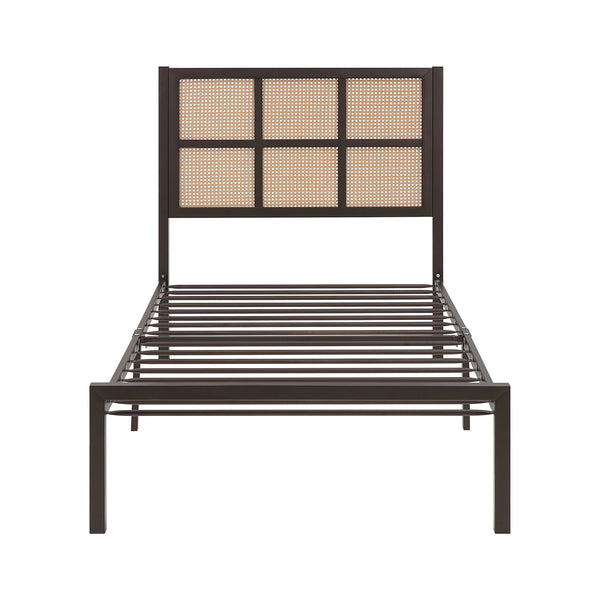 English Elm 1pc Twin Platform Bed with Dark Metal Frame and Faux Cane Panel Headboard, Coastal Casual Design, No Box Spring Needed Bronze 47.25 L x 28 W x 3.75 H B011P214033