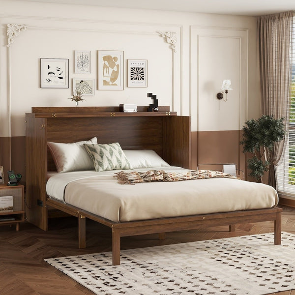 English Elm Queen Size Murphy Bed - Stylish Pine Wood Cabinet With Power Station & Rattan Panel For Space-Saving W504S00234-GIGA