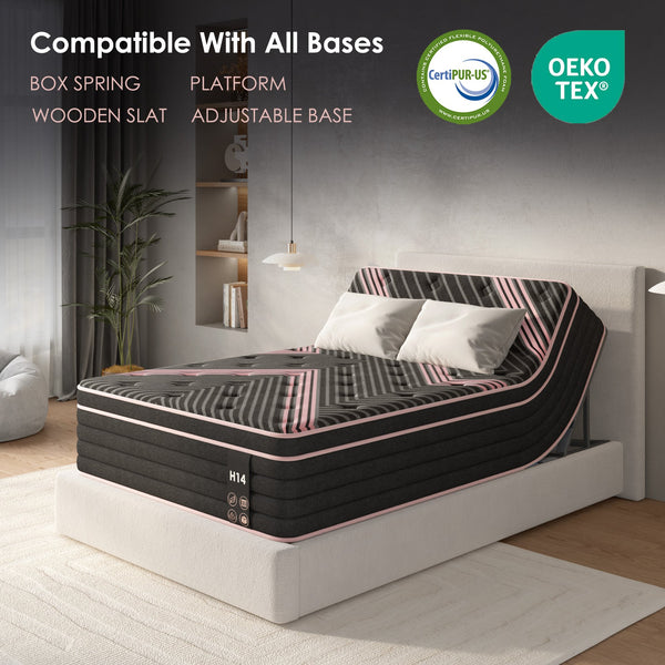 English Elm Twin Hybrid Mattress 10 Inch Pocketed Coil Memory Foam Medium Firm Sleep Support Pink+Black W2889P423137
