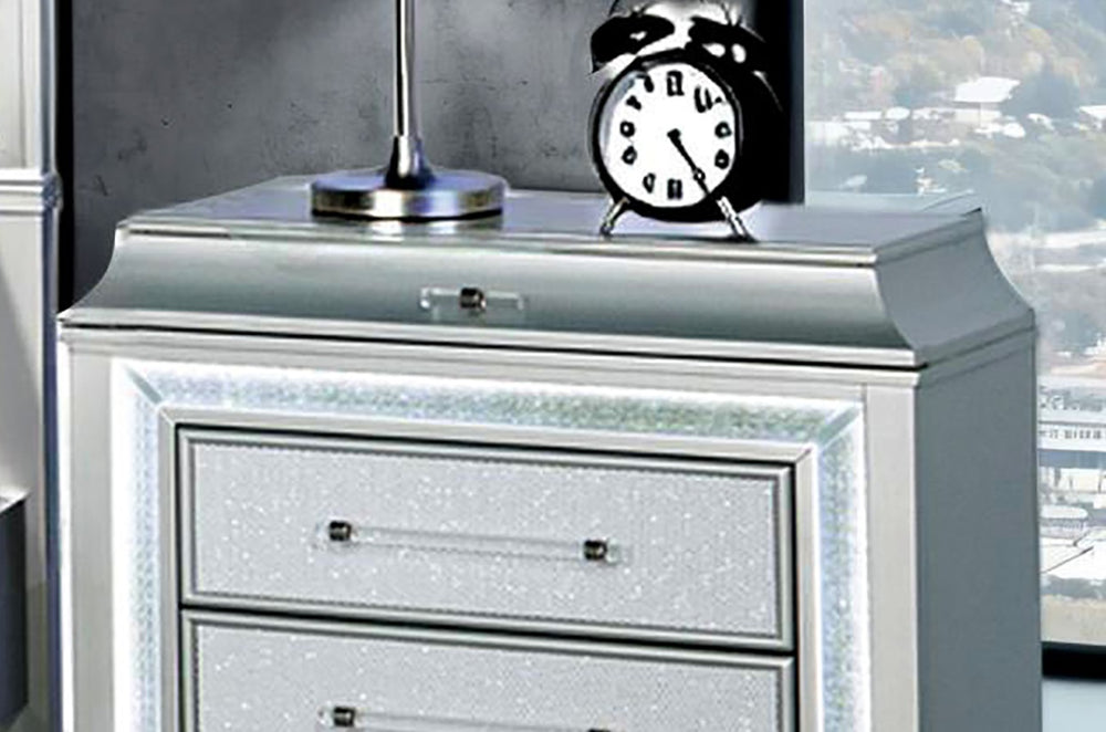 English Elm Glam Nightstand with Led Accent Lighting Faux Crystal Trim and Acrylic Pulls Gray B2741P430424