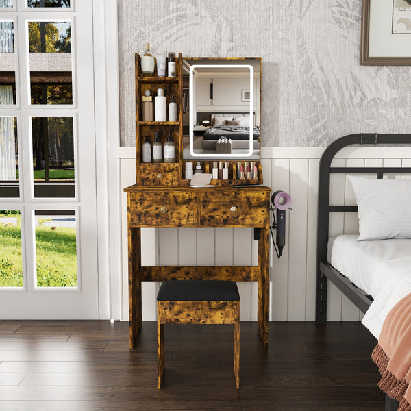 English Elm Modern Vanity Desk with Led Mirror 3 Drawers Built-in Outlet and Matching Chair Antique Brown W509P465834