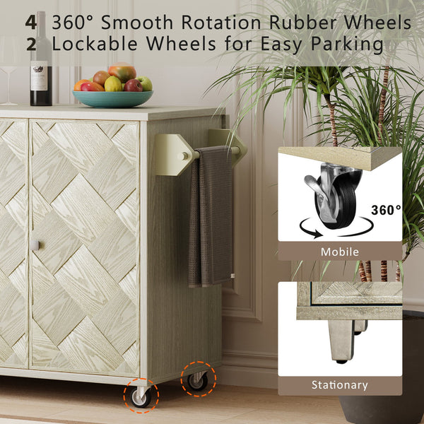 English Elm K&K Farmhouse Kitchen Island with 3D Wave Stripes Ash Veneer, Drop Leaf, Rolling Cart Storage Champagne N707P207916X