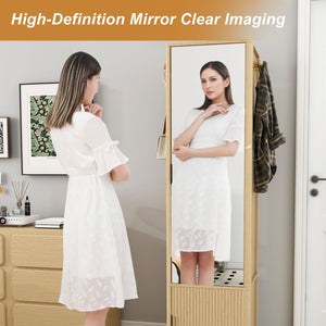 English Elm 360° Rotating Tower Cabinet with Full Length Mirror Open Shelving and Jewelry Storage Walnut W509P456173