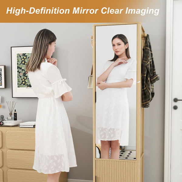 English Elm 360° Rotating Tower Cabinet with Full Length Mirror Open Shelving and Jewelry Storage Walnut W509P456173