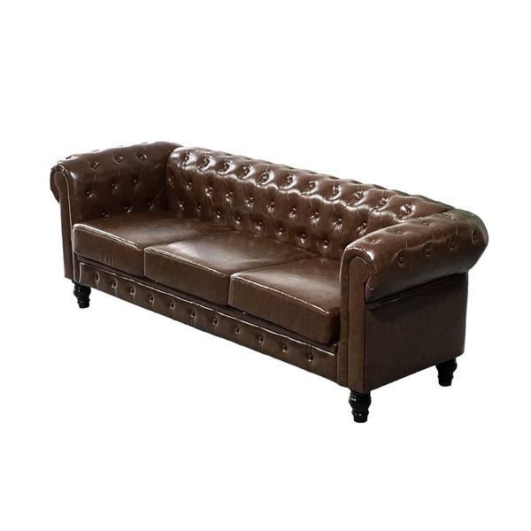 English Elm FX-P80P-PU3(SOFA) Elegant Button-Tufted 3-Seat PU Chesterfield Sofa with Removable Washable Cushions, Solid Wood Legs W576S00159