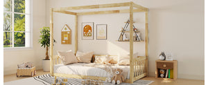 English Elm Twin Canopy Floor Bed Rubberwood Frame with Fence Guardrails for Kids Bedroom Natural W504P351804
