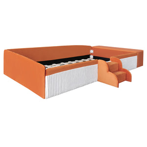 English Elm Twin Velvet Kids Daybed with Built-in Stairs Padded Guardrails and Gas Lift Storage Brown+White SF000201AAD