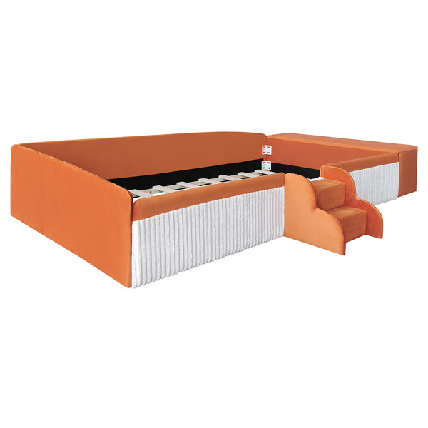 English Elm Twin Velvet Kids Daybed with Built-in Stairs Padded Guardrails and Gas Lift Storage Brown+White SF000201AAD