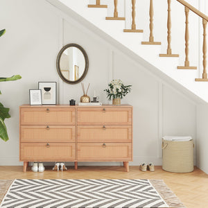 English Elm Rattan 6-Drawer Double Dresser with Handwoven PE Rattan Fronts, Wood Top, Copper Pulls, Spacious Storage Natural T3623P411337