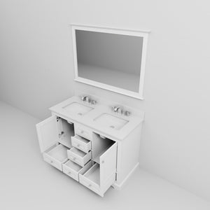 English Elm White Double Bath Vanity 48 in with Cultured Marble Scratch‑Resistant Top, Faucet & 46in Mirror, Chrome B2731S01006