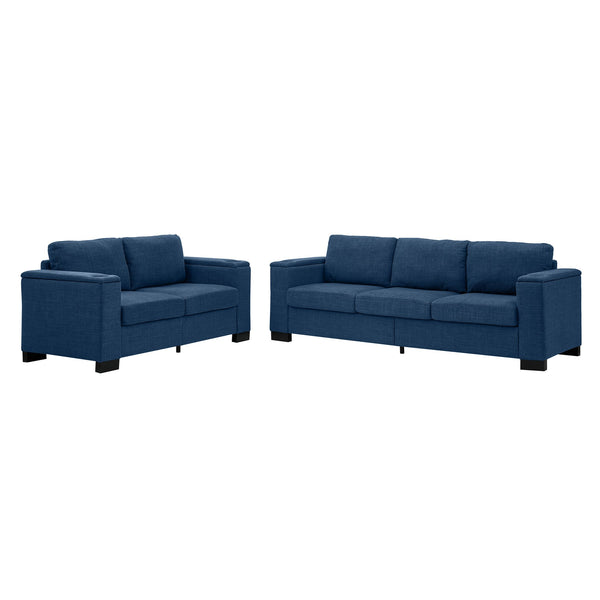 English Elm Two Two-Piece 5-Seater Sofa Set with Cup Holder & Storage, Polyester Upholstery, Solid Wood Frame, Coil Spring Seats, Removable Covers, Modern Square Arm Design for Living Room Comfort and Durability Blue W1097S00198