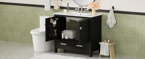 English Elm 36" Black Bathroom Vanity with Ceramic Sink, Soft-Close Doors, Divided Drawer & Double Shelves — Modern Storage Solution for Small to Medium Baths N729P276609B