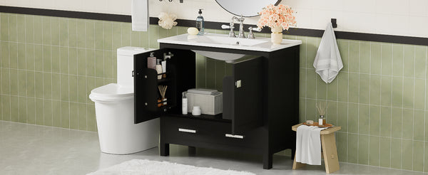 English Elm 36" Black Bathroom Vanity with Ceramic Sink, Soft-Close Doors, Divided Drawer & Double Shelves — Modern Storage Solution for Small to Medium Baths N729P276609B
