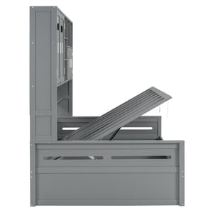 English Elm Full Size Wooden Daybed With Hydraulic Lift, Integrated Storage Cabinet & Shelves In Gray Finish N820S00047E