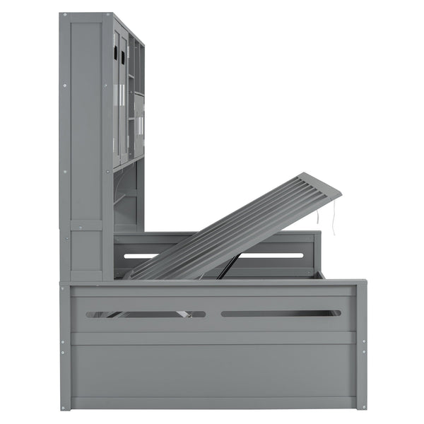 English Elm Full Size Wooden Daybed With Hydraulic Lift, Integrated Storage Cabinet & Shelves In Gray Finish N820S00047E