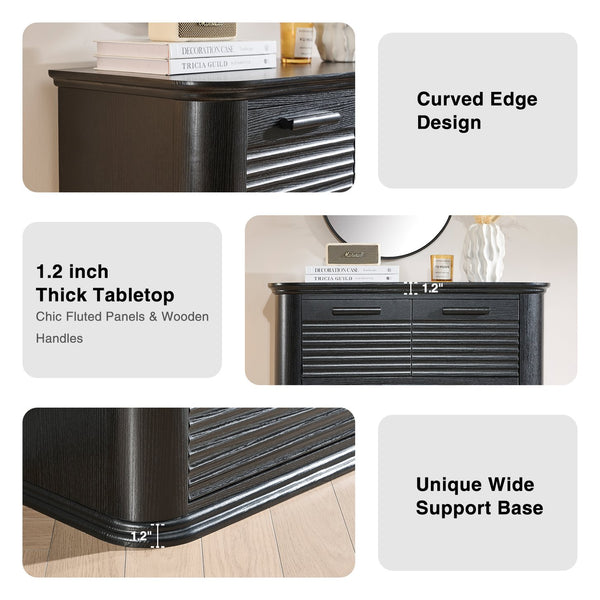 English Elm 6 Drawer Tall Fluted Chest with Waveform Fronts Slim Wooden Storage for Modern Bedroom Black Woodgrain T5326P425102