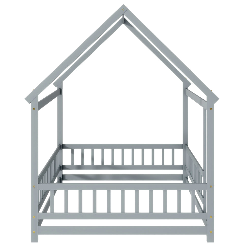 English Elm Full Size House Bed Frame With Roof, Safety Guardrails, Grey Finish - Perfect For Kids' Room Fun! W504P286407