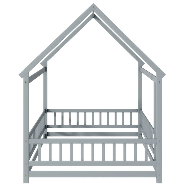 English Elm Full Size House Bed Frame With Roof, Safety Guardrails, Grey Finish - Perfect For Kids' Room Fun! W504P286407