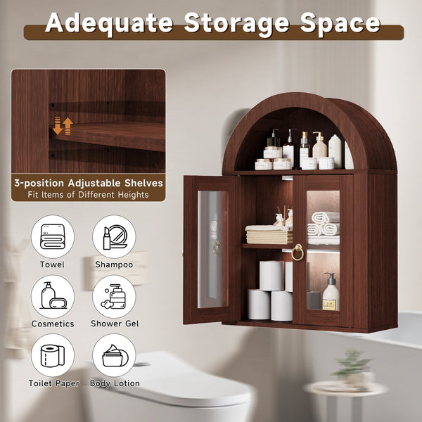 English Elm Wall Mounted Arched Cabinet Tempered Glass Doors Led Lighting Adjustable Shelves Bathroom Brown T3210P471553