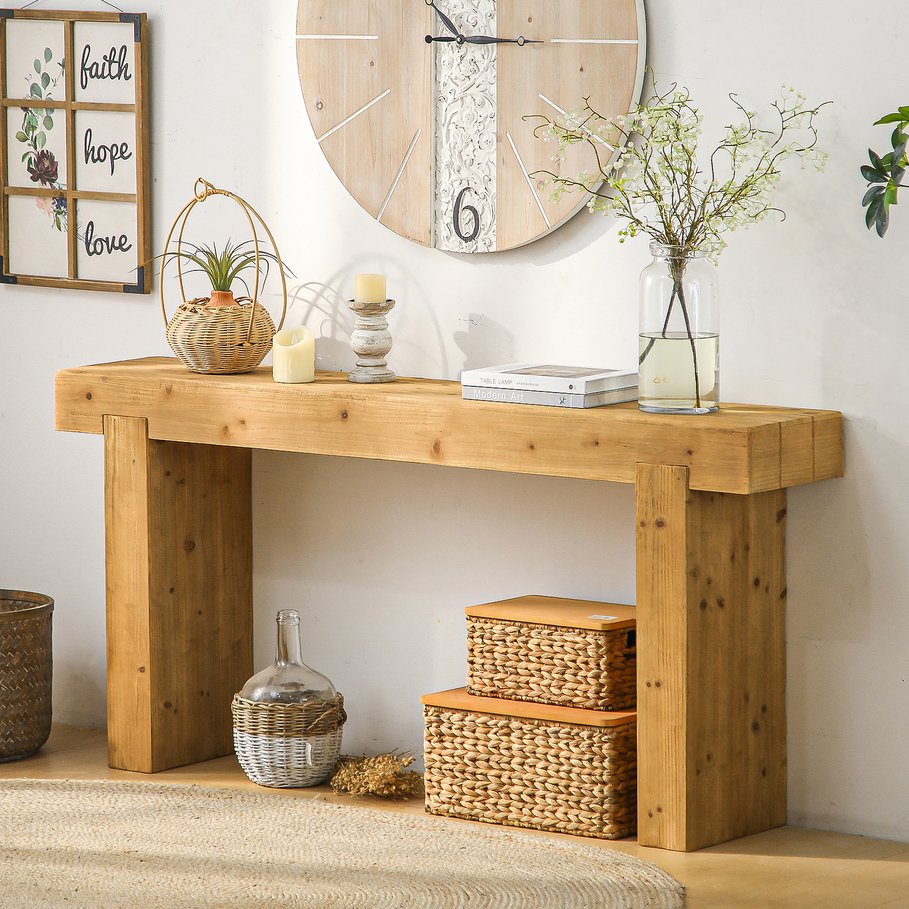 English Elm 63" Solid Wood Console Table Natural Rustic Farmhouse Sofa Table 63-inch Narrow Entryway Shelf W3306P318704
