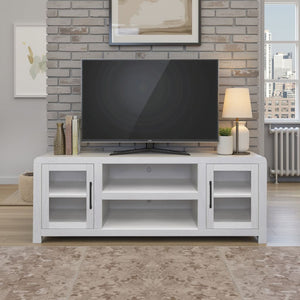 English Elm Haven 65" TV Stand with Glass Doors — Oak Veneer Entertainment Console for TVs up to 75", No Assembly B108P364414