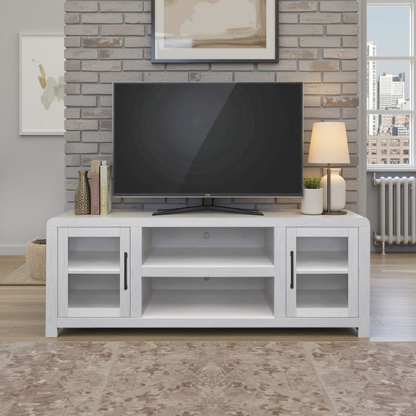 English Elm Haven 65" TV Stand with Glass Doors — Oak Veneer Entertainment Console for TVs up to 75", No Assembly B108P364414