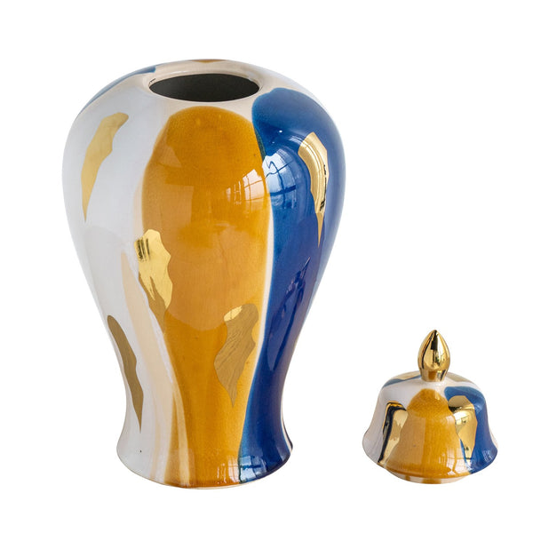 English Elm 9.8x9.8x19.1" Tall Ceramic Ginger Jar with Blue White Gold Abstract Glaze W2078P445035