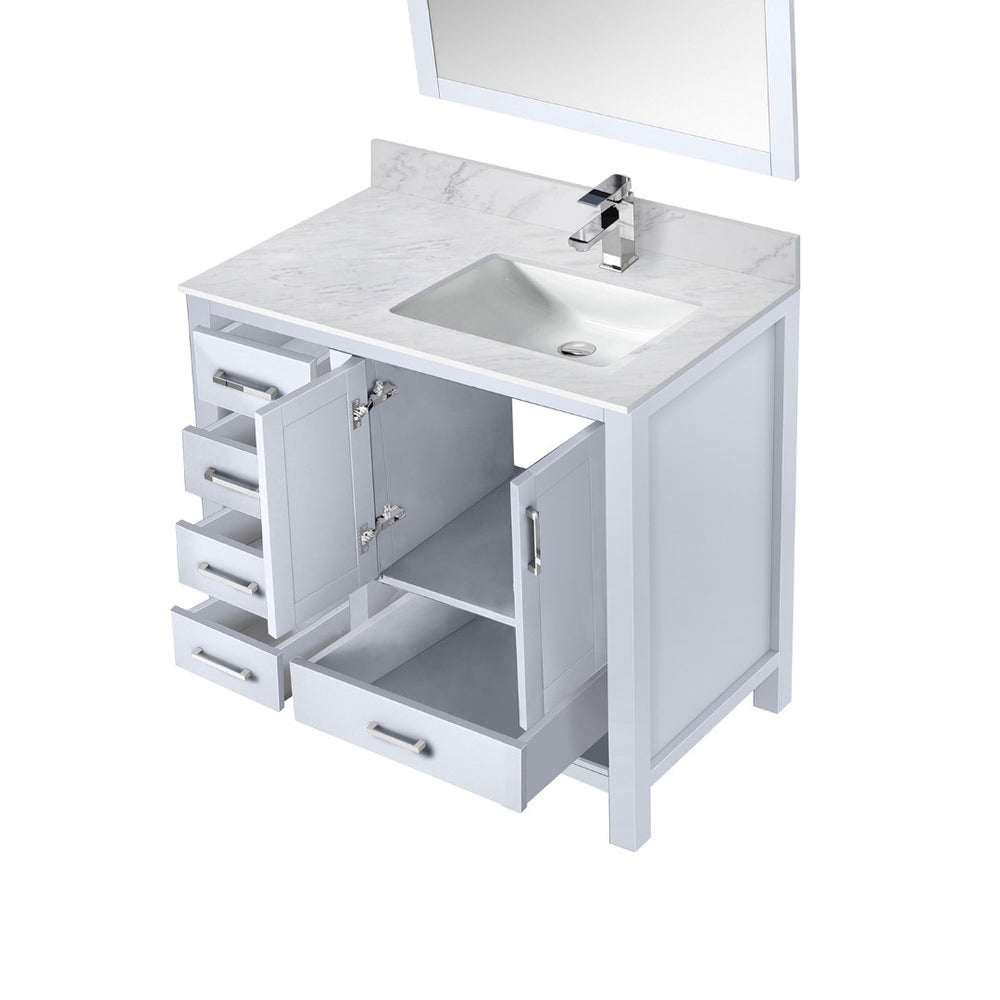 English Elm White Bath Vanity Set With Right Offset Carrara Marble Top, Chrome Faucet & 34" Mirror - Elegant Design! B2731S01257-GIGA