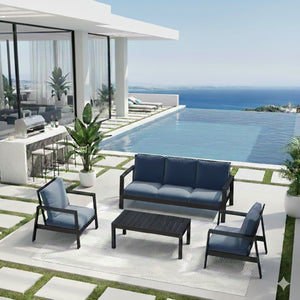 English Elm 4-piece Outdoor Conversation Set with Powder-coated Aluminum Frame and Plush Deep Cushions Black+Blue B082S00101