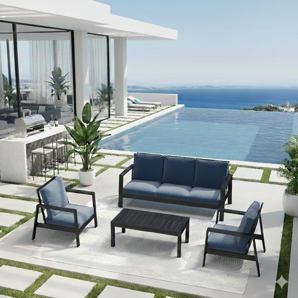 English Elm 4-piece Outdoor Conversation Set with Powder-coated Aluminum Frame and Plush Deep Cushions Black+Blue B082S00101