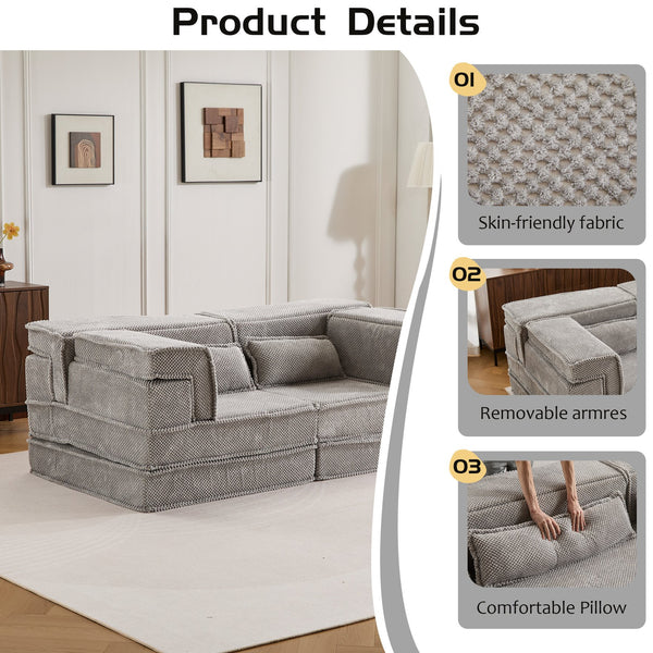 English Elm Compression Modular Floor Sofa Bed - Versatile, No Assembly, Soft Fleece, Memory Foam Loveseat, Light Grey W3723P377153