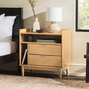 Lee Mid-Century Modern 25" Solid Pine 2-Drawer Nightstand - Stylish Storage for Any Room!