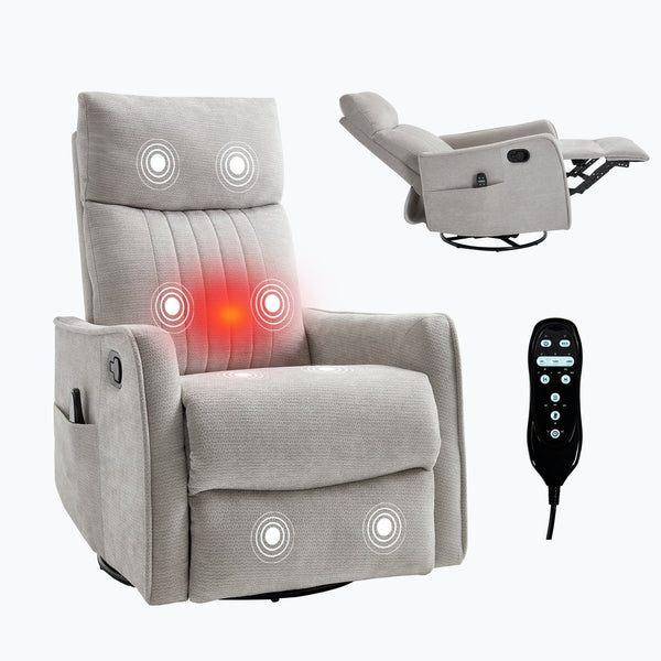 English Elm Blue Fabric Swivel Rocker Recliner with Massage Heat Nodes for Living Room Comfort Light Gray W1803P321838